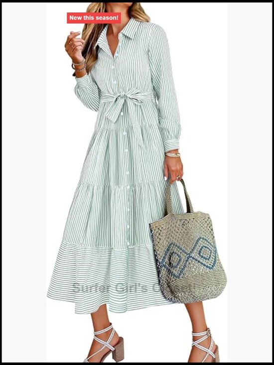 Dresses & Skirts - Women's Long Sleeve Striped Flowy Maxi Dress Button Down Ruffle Hem Tie Waist